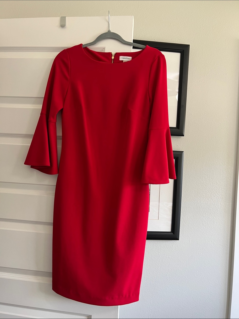 Calvin Klein Red Midi Sheath Dress with Bell Sleeves